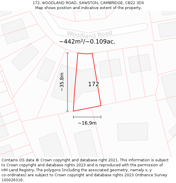 172, WOODLAND ROAD, SAWSTON, CAMBRIDGE, CB22 3DX: Plot and title map