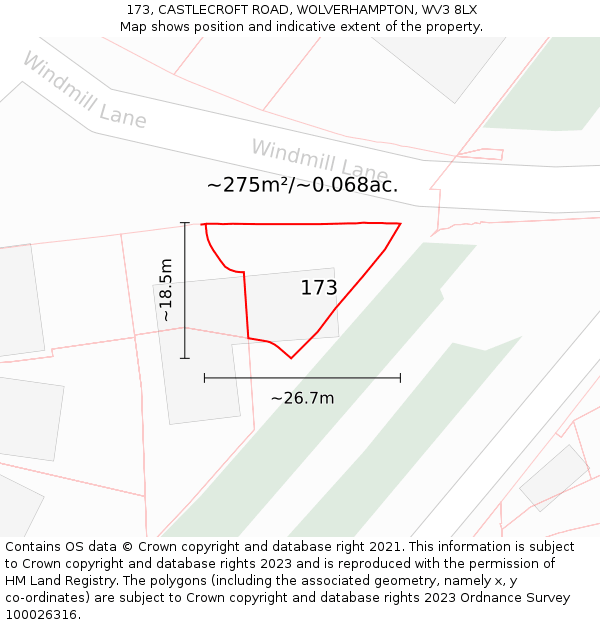 173, CASTLECROFT ROAD, WOLVERHAMPTON, WV3 8LX: Plot and title map