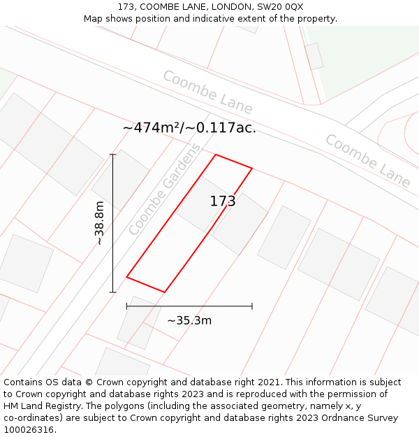 173, COOMBE LANE, LONDON, SW20 0QX: Plot and title map