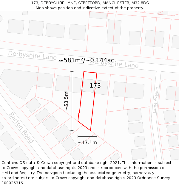 173, DERBYSHIRE LANE, STRETFORD, MANCHESTER, M32 8DS: Plot and title map