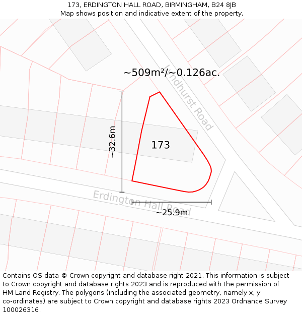 173, ERDINGTON HALL ROAD, BIRMINGHAM, B24 8JB: Plot and title map