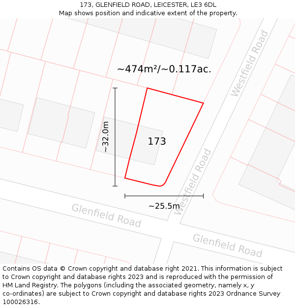 173, GLENFIELD ROAD, LEICESTER, LE3 6DL: Plot and title map