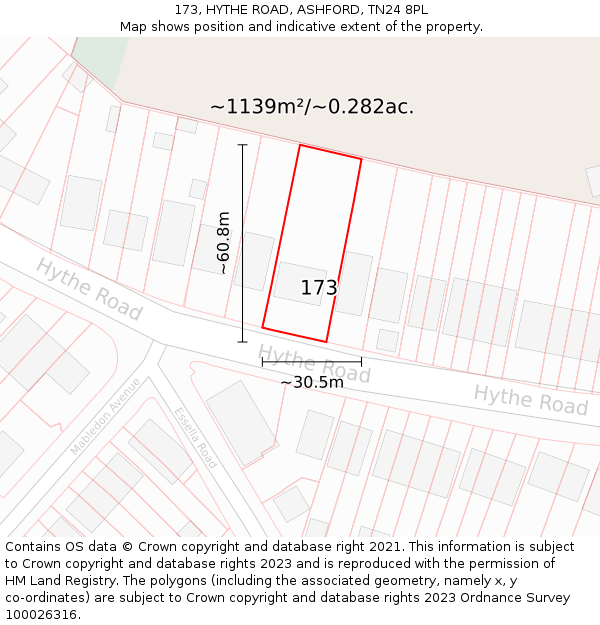 173, HYTHE ROAD, ASHFORD, TN24 8PL: Plot and title map