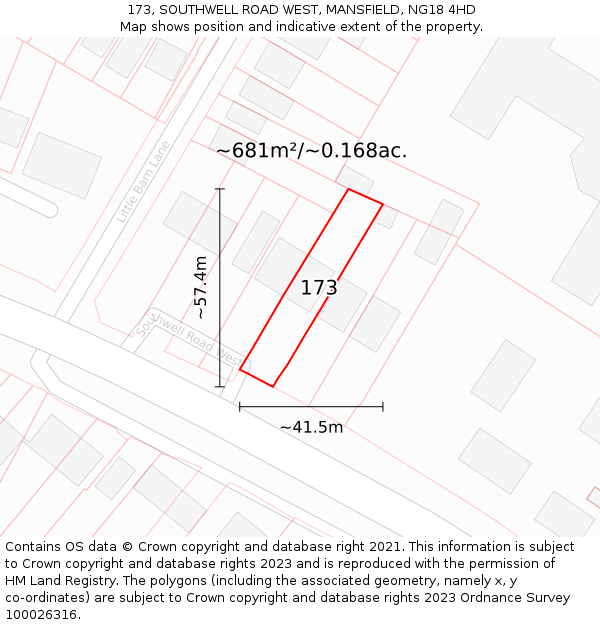 173, SOUTHWELL ROAD WEST, MANSFIELD, NG18 4HD: Plot and title map