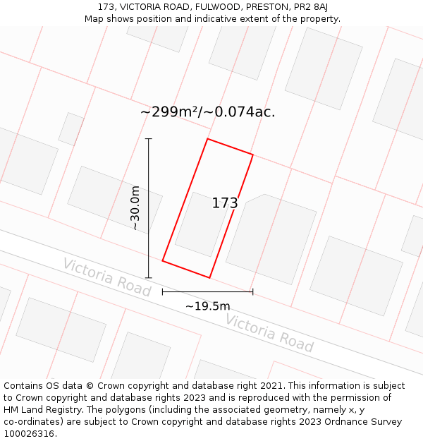 173, VICTORIA ROAD, FULWOOD, PRESTON, PR2 8AJ: Plot and title map