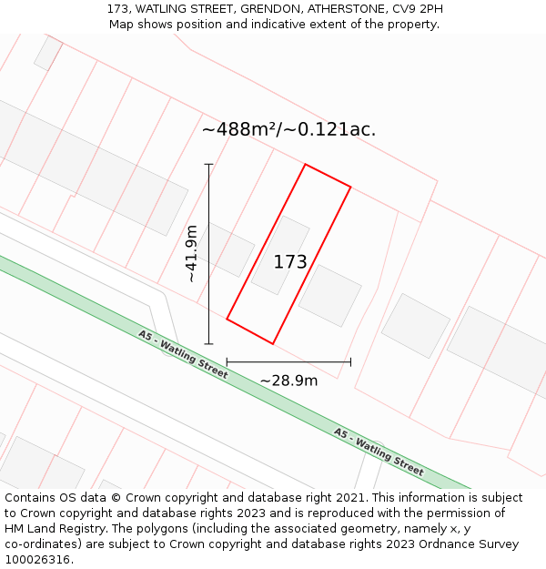 173, WATLING STREET, GRENDON, ATHERSTONE, CV9 2PH: Plot and title map