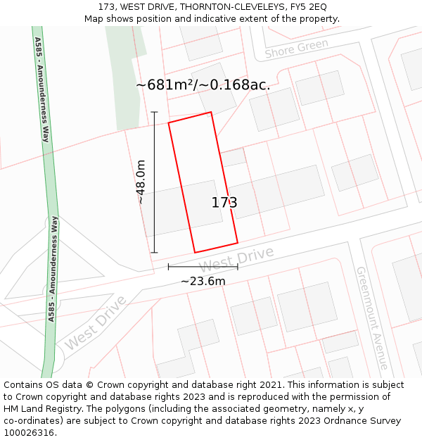 173, WEST DRIVE, THORNTON-CLEVELEYS, FY5 2EQ: Plot and title map