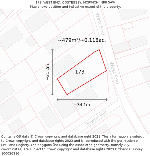 173, WEST END, COSTESSEY, NORWICH, NR8 5AW: Plot and title map