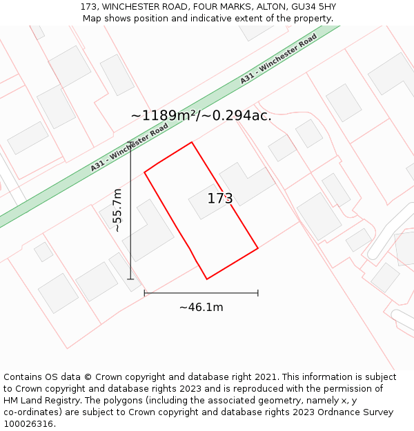 173, WINCHESTER ROAD, FOUR MARKS, ALTON, GU34 5HY: Plot and title map