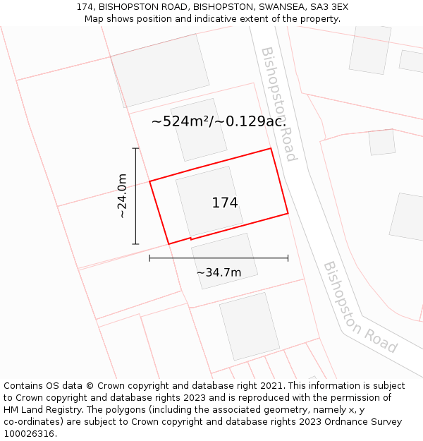 174, BISHOPSTON ROAD, BISHOPSTON, SWANSEA, SA3 3EX: Plot and title map