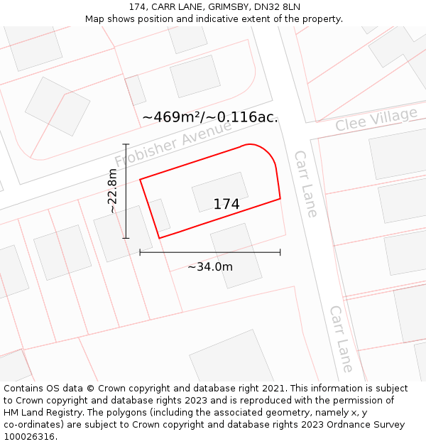 174, CARR LANE, GRIMSBY, DN32 8LN: Plot and title map