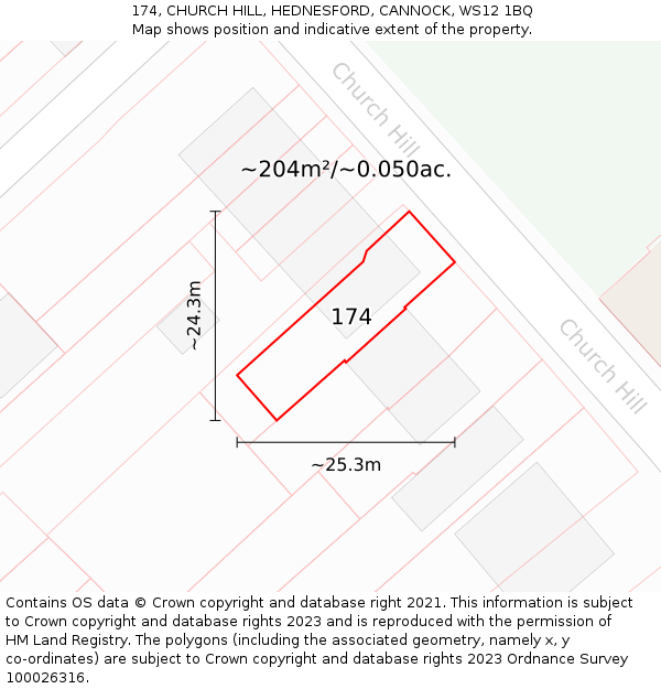 174, CHURCH HILL, HEDNESFORD, CANNOCK, WS12 1BQ: Plot and title map