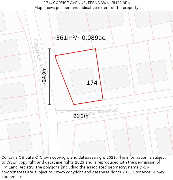 174, COPPICE AVENUE, FERNDOWN, BH22 9PN: Plot and title map