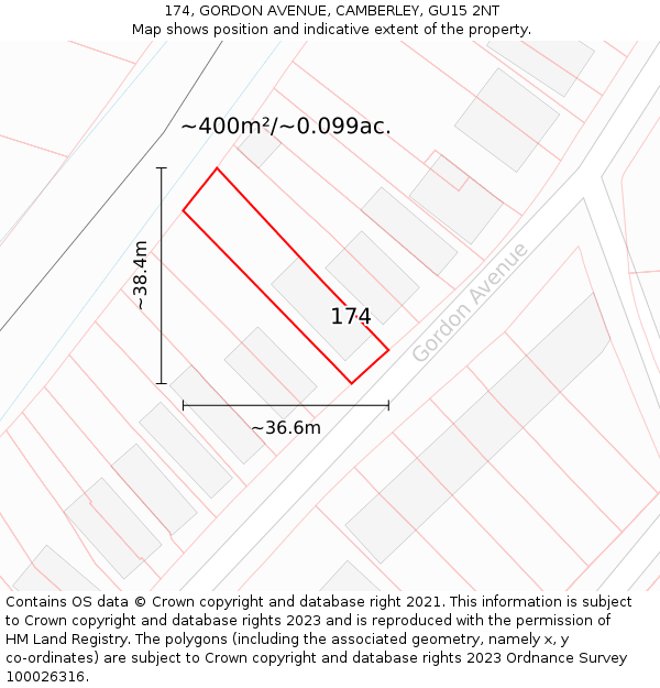 174, GORDON AVENUE, CAMBERLEY, GU15 2NT: Plot and title map