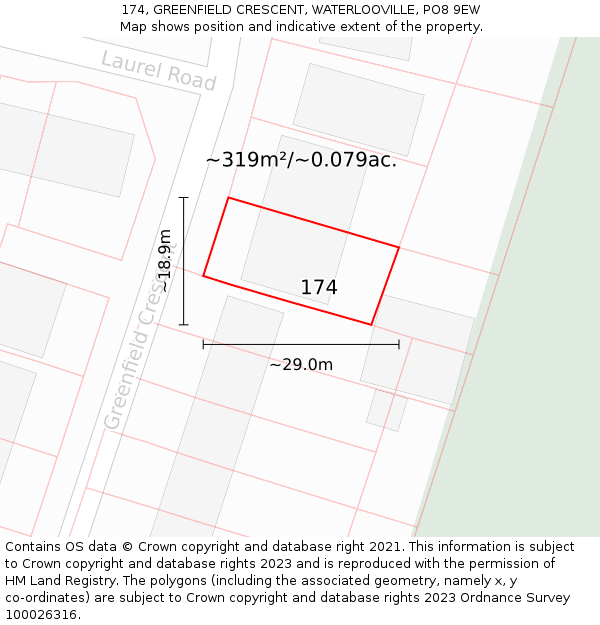 174, GREENFIELD CRESCENT, WATERLOOVILLE, PO8 9EW: Plot and title map