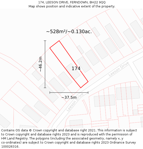 174, LEESON DRIVE, FERNDOWN, BH22 9QQ: Plot and title map