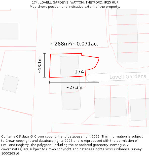 174, LOVELL GARDENS, WATTON, THETFORD, IP25 6UF: Plot and title map