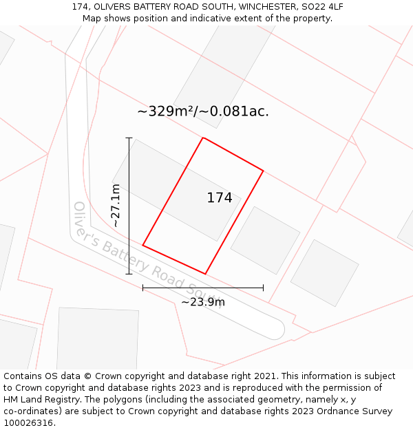 174, OLIVERS BATTERY ROAD SOUTH, WINCHESTER, SO22 4LF: Plot and title map