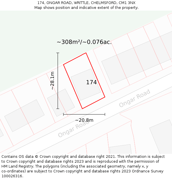 174, ONGAR ROAD, WRITTLE, CHELMSFORD, CM1 3NX: Plot and title map