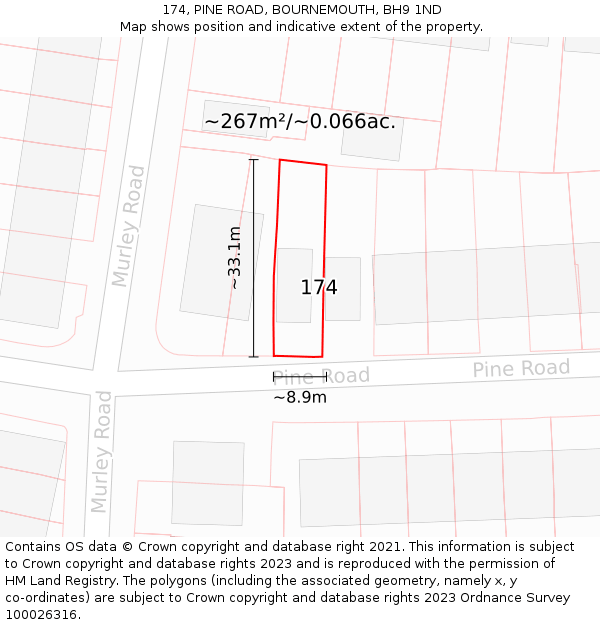 174, PINE ROAD, BOURNEMOUTH, BH9 1ND: Plot and title map