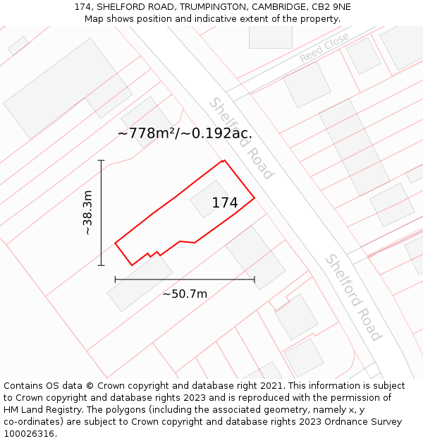 174, SHELFORD ROAD, TRUMPINGTON, CAMBRIDGE, CB2 9NE: Plot and title map