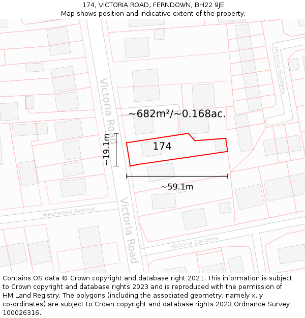 174, VICTORIA ROAD, FERNDOWN, BH22 9JE: Plot and title map