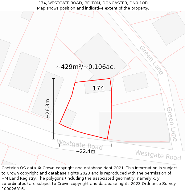 174, WESTGATE ROAD, BELTON, DONCASTER, DN9 1QB: Plot and title map