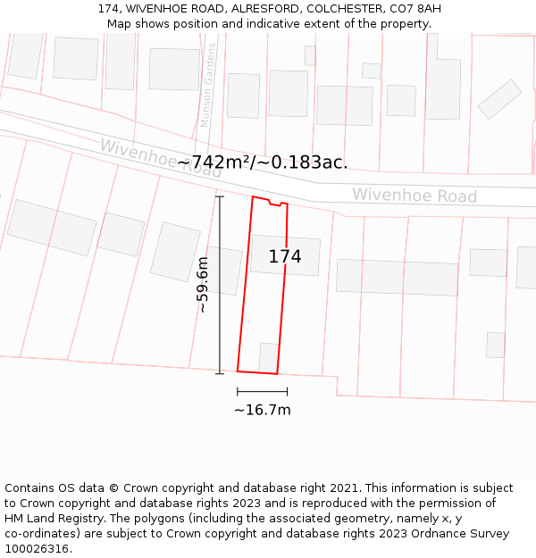 174, WIVENHOE ROAD, ALRESFORD, COLCHESTER, CO7 8AH: Plot and title map