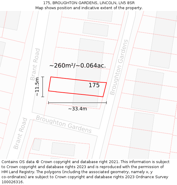 175, BROUGHTON GARDENS, LINCOLN, LN5 8SR: Plot and title map