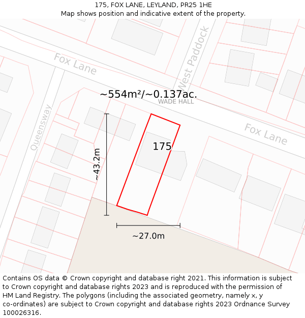 175, FOX LANE, LEYLAND, PR25 1HE: Plot and title map