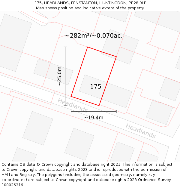 175, HEADLANDS, FENSTANTON, HUNTINGDON, PE28 9LP: Plot and title map