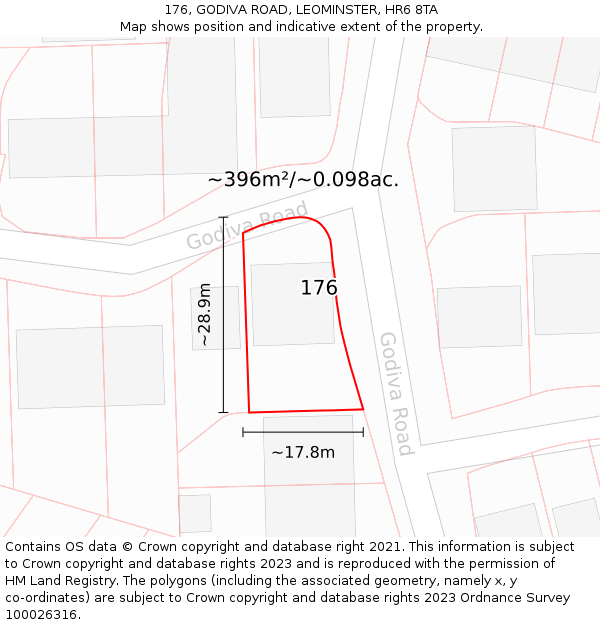 176, GODIVA ROAD, LEOMINSTER, HR6 8TA: Plot and title map