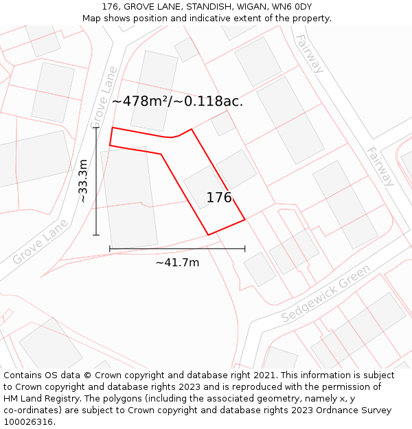 176, GROVE LANE, STANDISH, WIGAN, WN6 0DY: Plot and title map