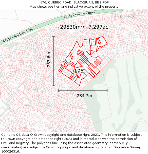 176, QUEBEC ROAD, BLACKBURN, BB2 7DP: Plot and title map