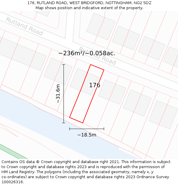 176, RUTLAND ROAD, WEST BRIDGFORD, NOTTINGHAM, NG2 5DZ: Plot and title map