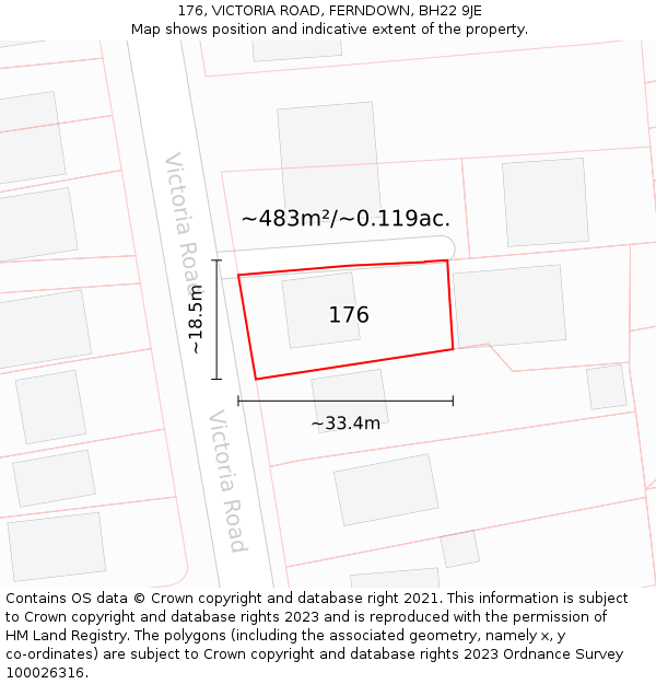 176, VICTORIA ROAD, FERNDOWN, BH22 9JE: Plot and title map