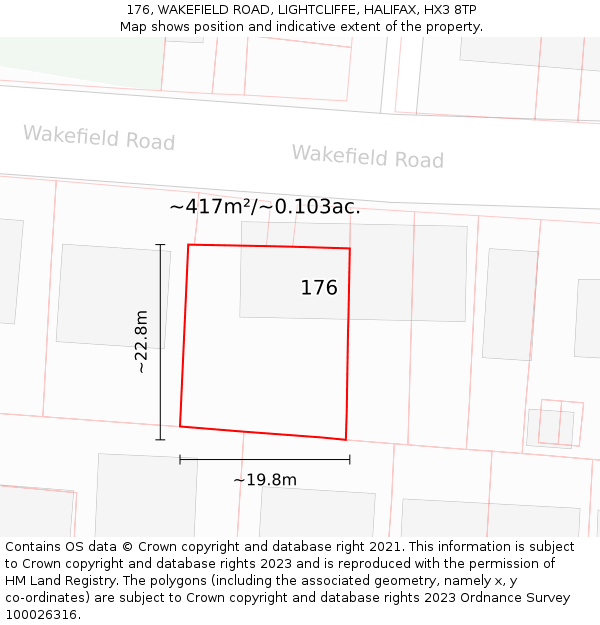 176, WAKEFIELD ROAD, LIGHTCLIFFE, HALIFAX, HX3 8TP: Plot and title map