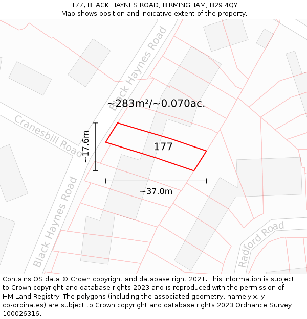 177, BLACK HAYNES ROAD, BIRMINGHAM, B29 4QY: Plot and title map