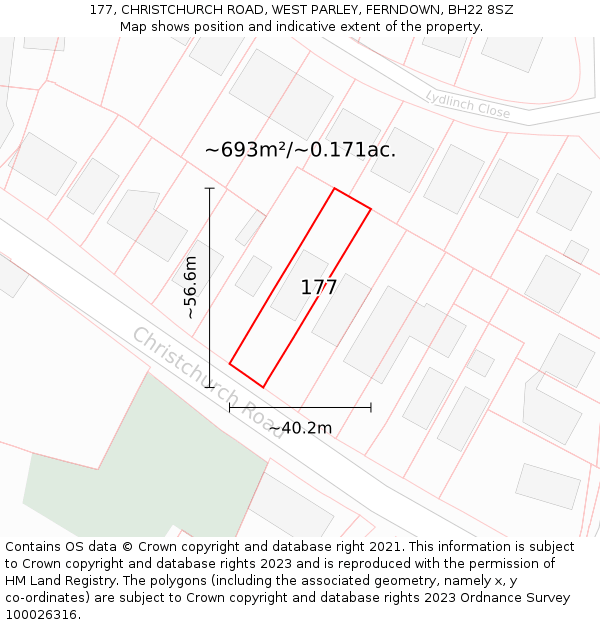 177, CHRISTCHURCH ROAD, WEST PARLEY, FERNDOWN, BH22 8SZ: Plot and title map