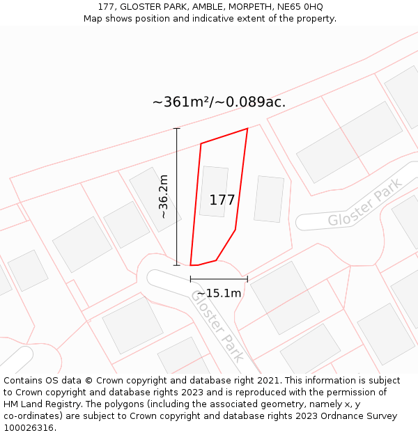 177, GLOSTER PARK, AMBLE, MORPETH, NE65 0HQ: Plot and title map