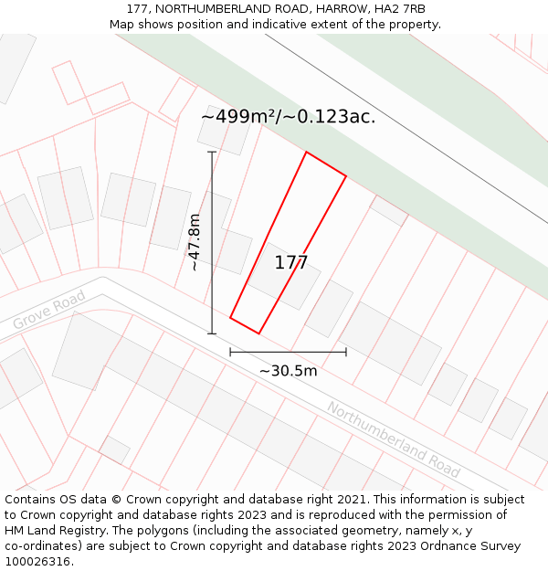 177, NORTHUMBERLAND ROAD, HARROW, HA2 7RB: Plot and title map