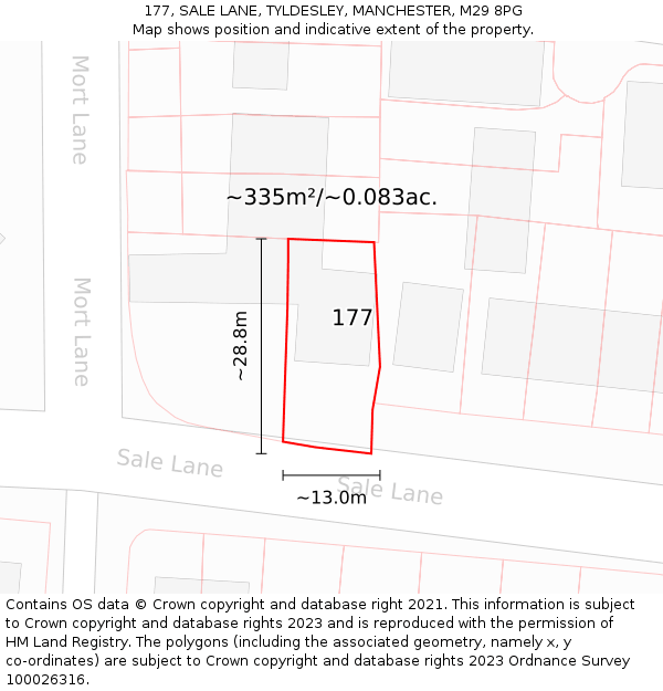 177, SALE LANE, TYLDESLEY, MANCHESTER, M29 8PG: Plot and title map