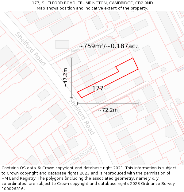 177, SHELFORD ROAD, TRUMPINGTON, CAMBRIDGE, CB2 9ND: Plot and title map