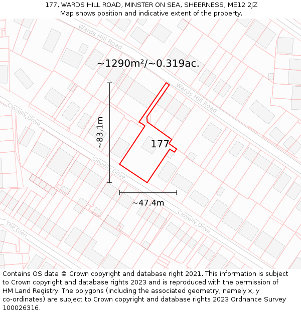 177, WARDS HILL ROAD, MINSTER ON SEA, SHEERNESS, ME12 2JZ: Plot and title map