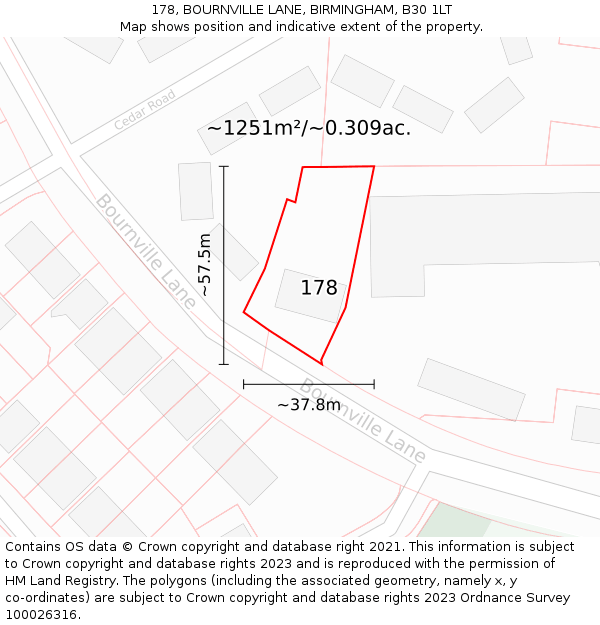 178, BOURNVILLE LANE, BIRMINGHAM, B30 1LT: Plot and title map