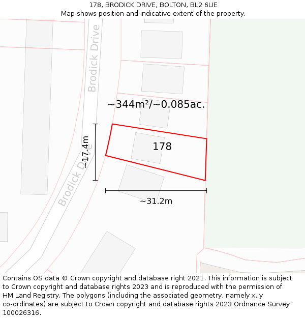 178, BRODICK DRIVE, BOLTON, BL2 6UE: Plot and title map