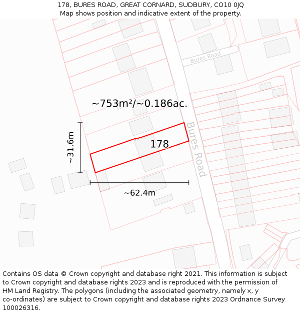 178, BURES ROAD, GREAT CORNARD, SUDBURY, CO10 0JQ: Plot and title map