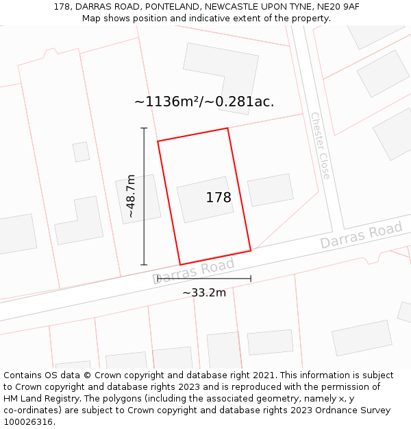 178, DARRAS ROAD, PONTELAND, NEWCASTLE UPON TYNE, NE20 9AF: Plot and title map