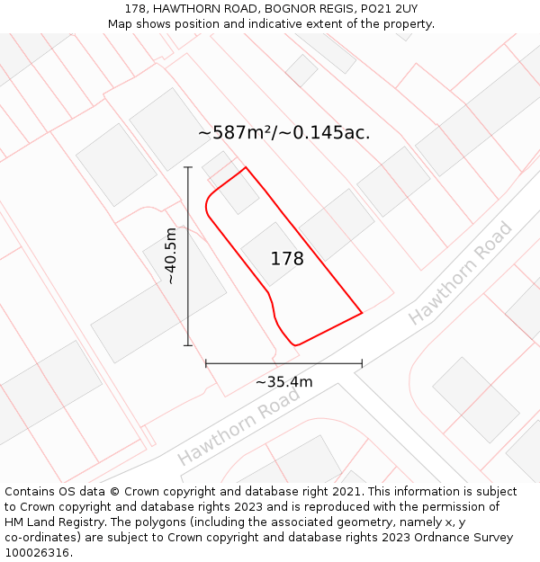 178, HAWTHORN ROAD, BOGNOR REGIS, PO21 2UY: Plot and title map