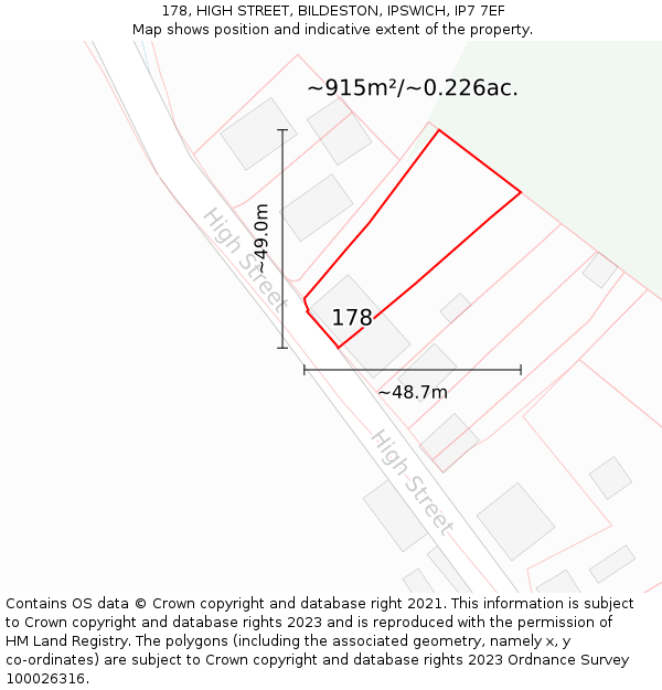 178, HIGH STREET, BILDESTON, IPSWICH, IP7 7EF: Plot and title map